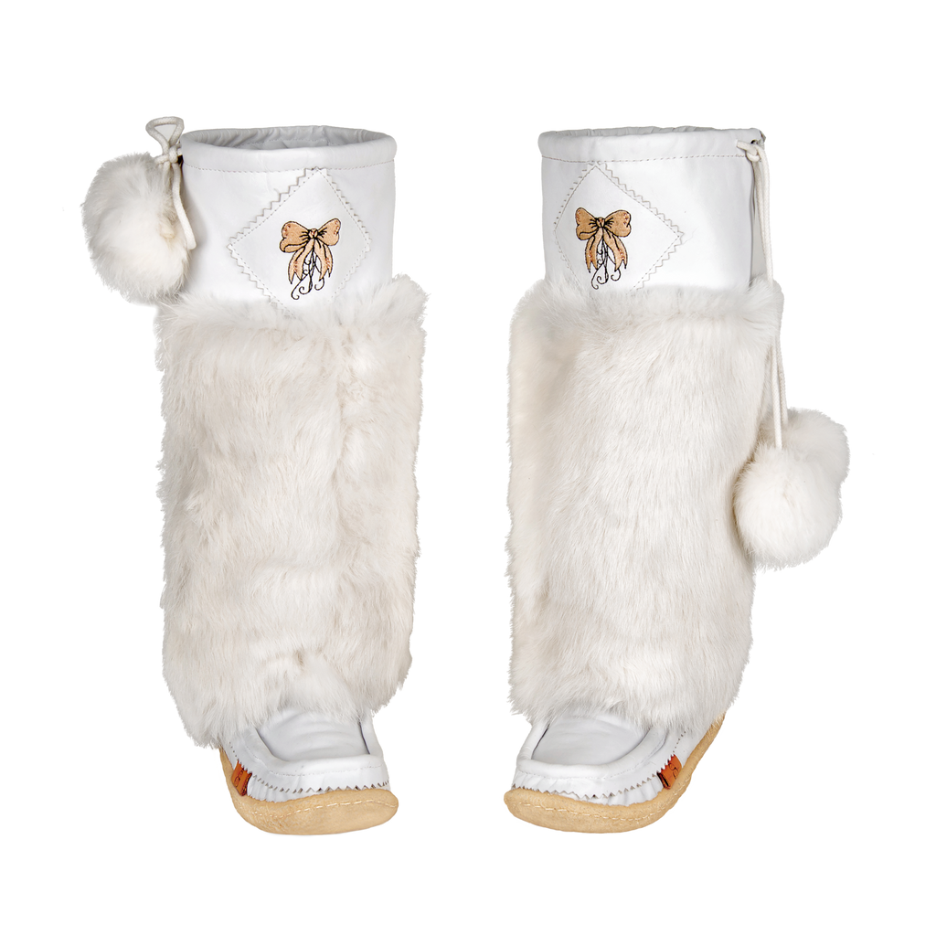 Frosty White Leather Mukluks with Gold Embroidery