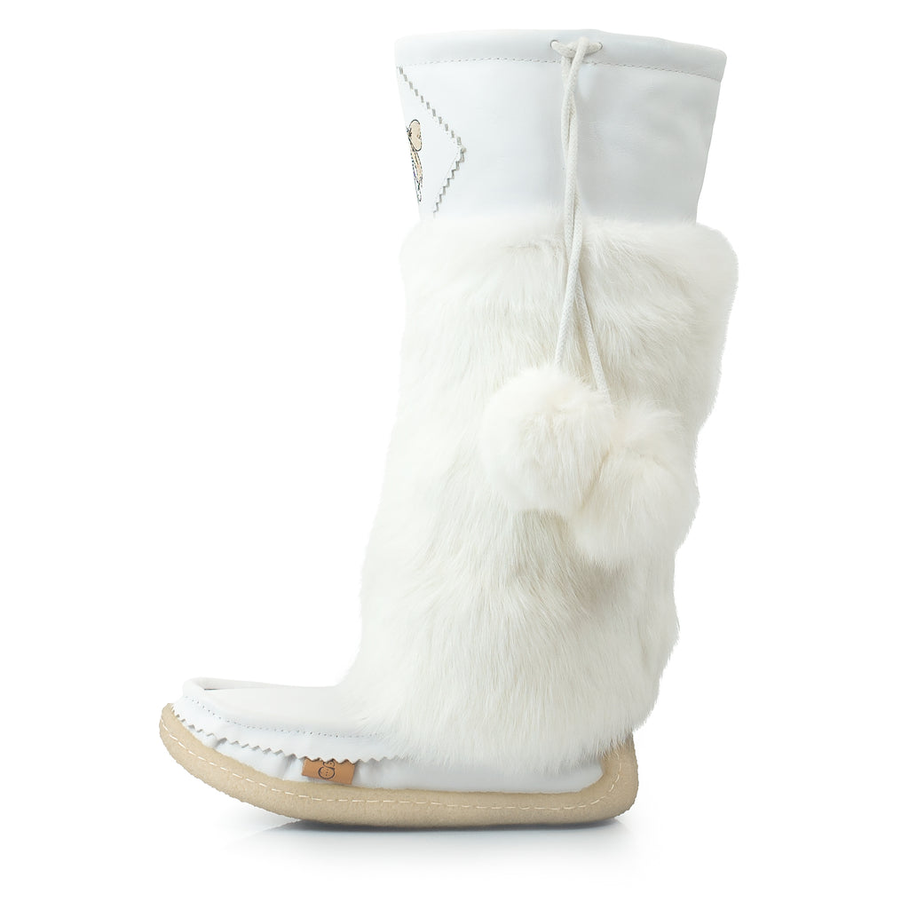 Frosty White Leather Mukluks with Gold Embroidery