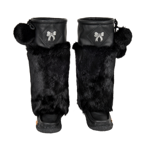 Midnight Black Leather Mukluks with Silver Embroidery