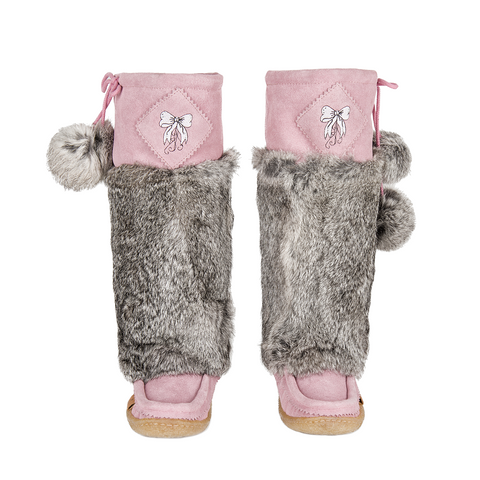 Bubblegum Pink Suede Mukluks with White Embroidery