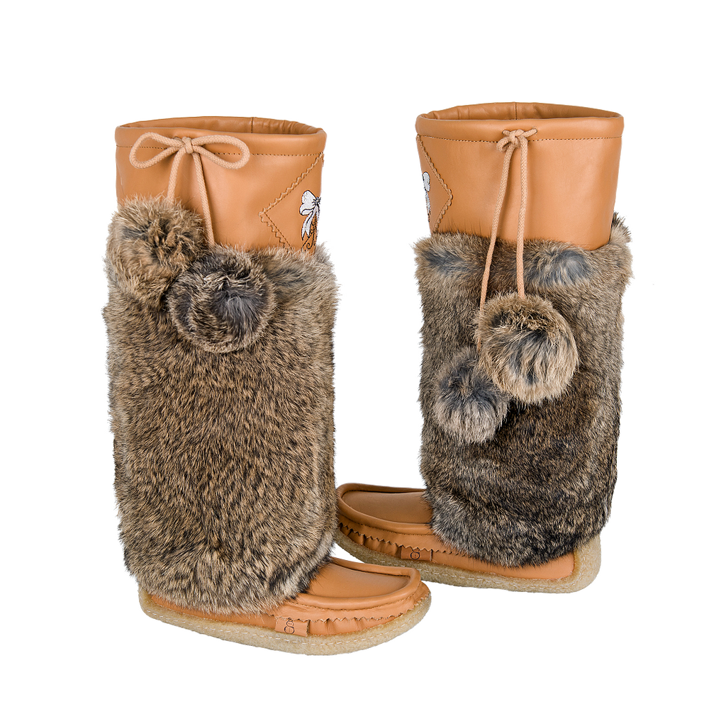 Natural Brown Leather Mukluks with White Embroidery