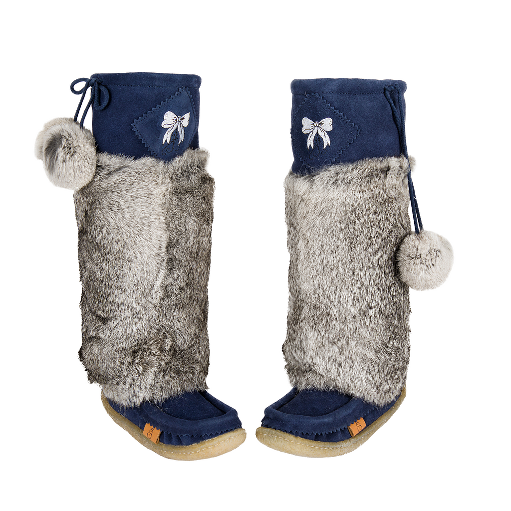 Navy Blue Suede Mukluks with White Embroidery