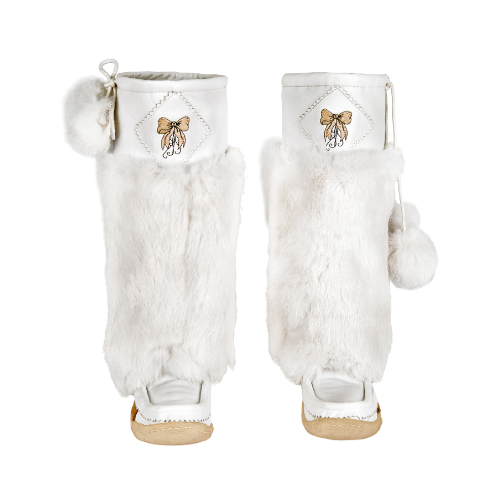Frosty White Leather Mukluks with Gold Embroidery